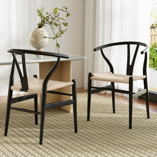 1 Set of 2 Artiss Dining Chairs Wooden Rattan Wishbone Black Artiss