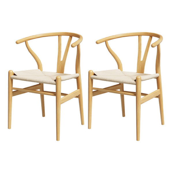 1 Set of 2 Artiss Dining Chairs Wooden Rattan Seat Wishbone Back Artiss