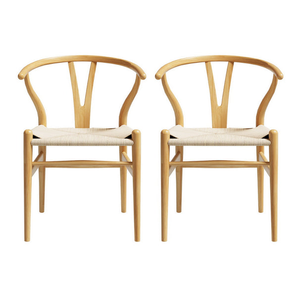 1 Set of 2 Artiss Dining Chairs Wooden Rattan Seat Wishbone Back Artiss