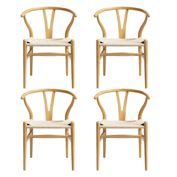 1 Set of 4 Artiss Dining Chairs Wooden Rattan Seat Wishbone Back Artiss