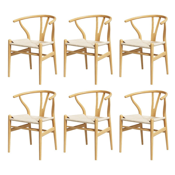 1 Set of 6 Artiss Dining Chairs Wooden Rattan Seat Wishbone Back Artiss