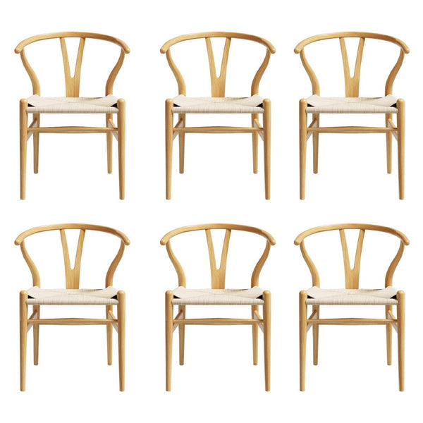 1 Set of 6 Artiss Dining Chairs Wooden Rattan Seat Wishbone Back Artiss