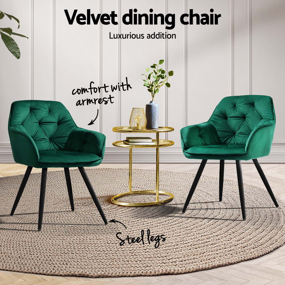 Artiss Dining Chairs Set of 4 Velvet Diamond Tufted Armchair Green Artiss