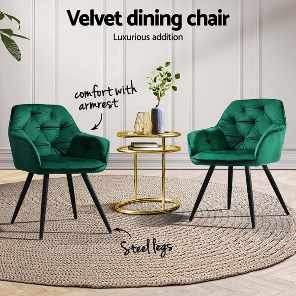 Artiss Dining Chairs Set of 4 Velvet Diamond Tufted Armchair Green Artiss