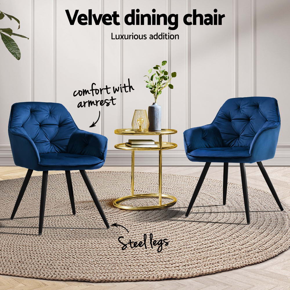 Artiss Dining Chairs Set of 4 Velvet Diamond Tufted Armchair Blue Artiss