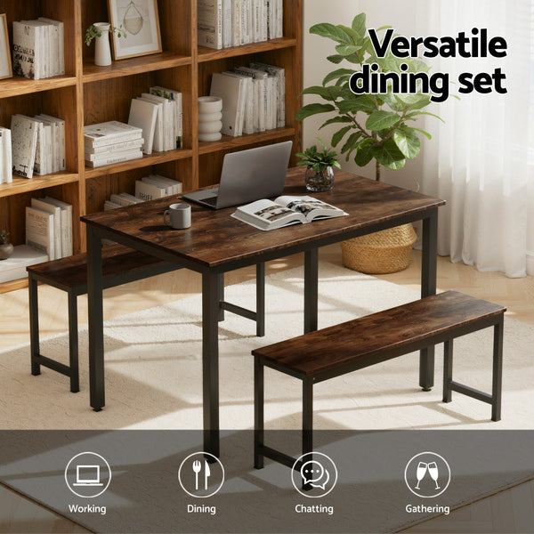 Artiss Dining Table and Chairs Set 3PCS Kitchen Metal Desk Bench Dark Walnut Artiss