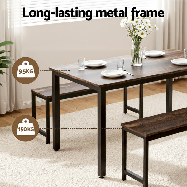 Artiss Dining Table and Chairs Set 3PCS Kitchen Metal Desk Bench Dark Walnut Artiss