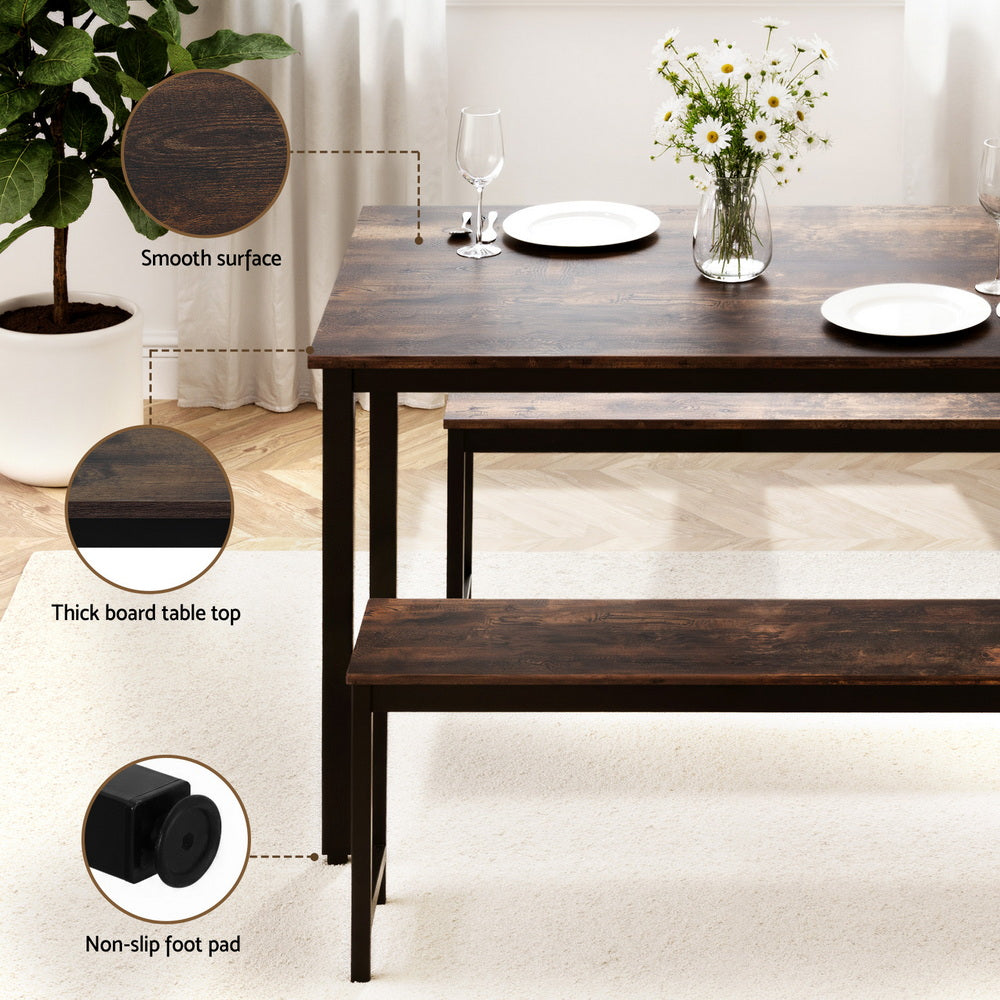 Artiss Dining Table and Chairs Set 3PCS Kitchen Metal Desk Bench Dark Walnut Artiss