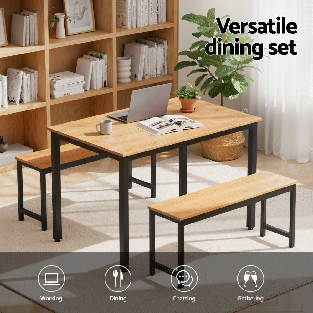 Artiss Dining Table and Chairs Set 3PCS Kitchen Metal Desk Bench Natural Oak Artiss