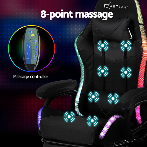 Artiss Gaming Office Chair 12 RGB LED Massage Computer Work Seat Footrest Black Awezingly