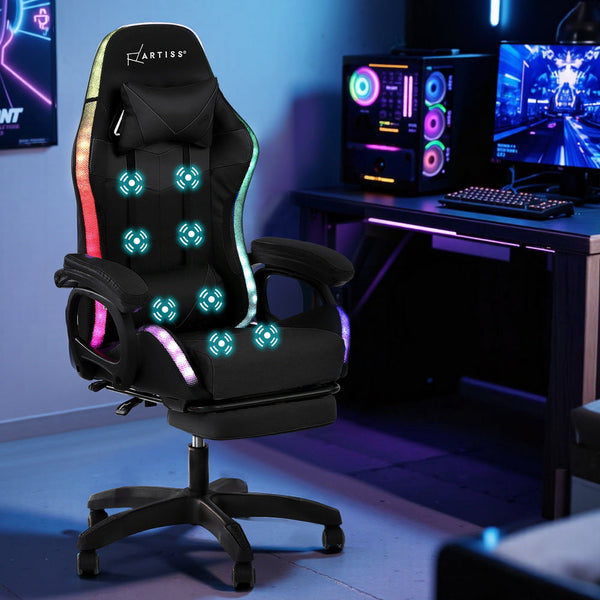 Artiss Gaming Office Chair 12 RGB LED Massage Computer Work Seat Footrest Black Awezingly