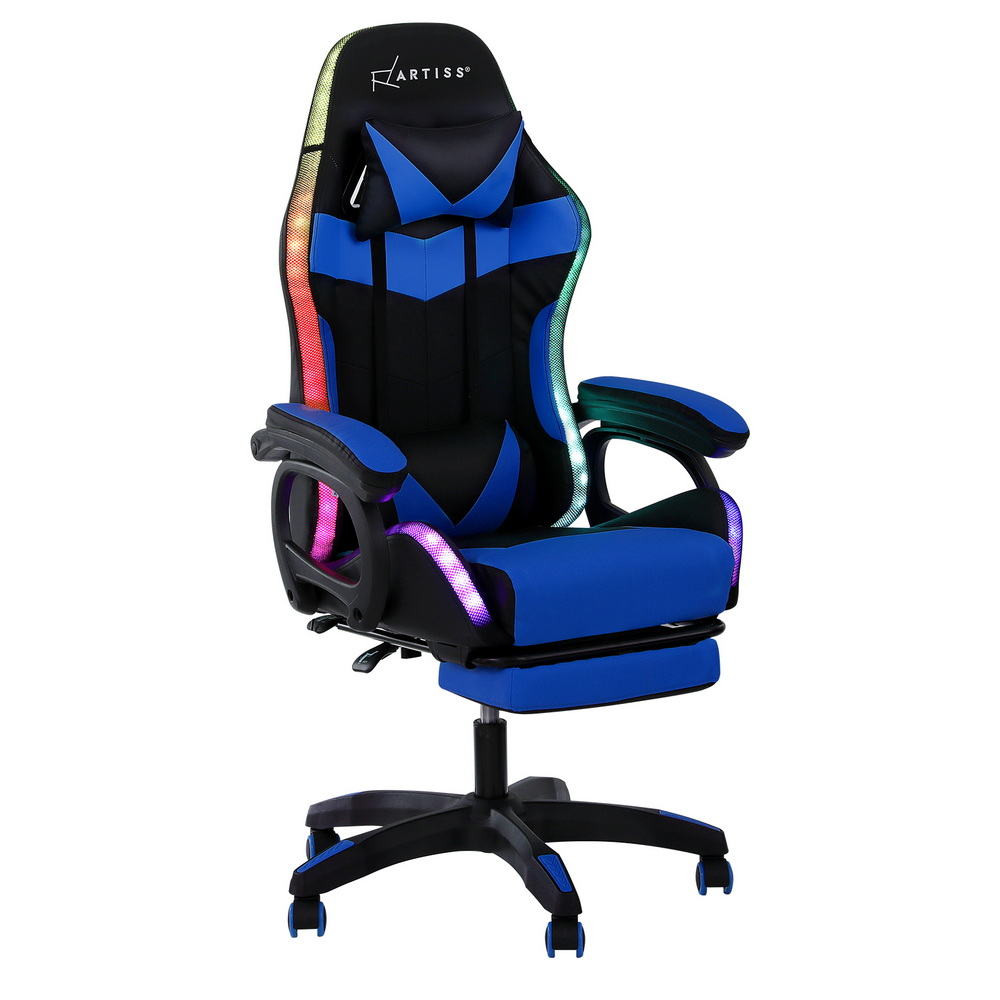 Artiss Gaming Office Chair 12 RGB LED Massage Computer Work Seat Footrest Blue Awezingly