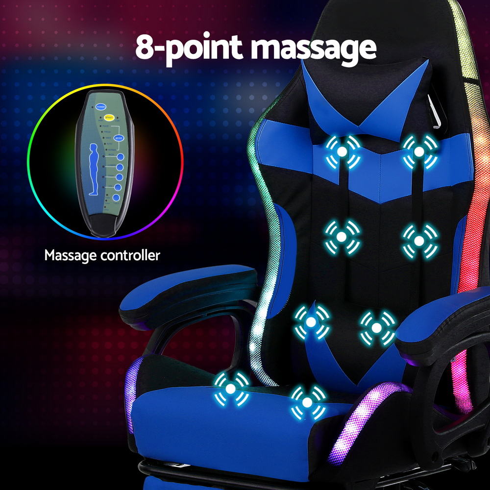 Artiss Gaming Office Chair 12 RGB LED Massage Computer Work Seat Footrest Blue Awezingly
