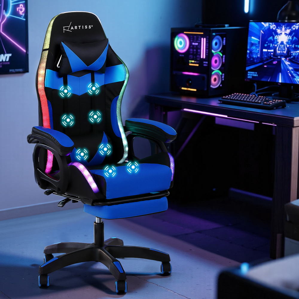 Artiss Gaming Office Chair 12 RGB LED Massage Computer Work Seat Footrest Blue Awezingly