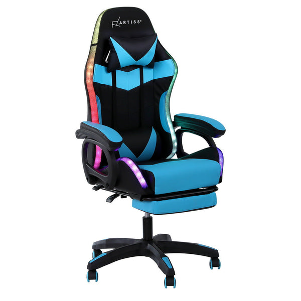 Artiss Gaming Office Chair 12 RGB LED Massage Computer Work Seat Footrest Cyan Awezingly