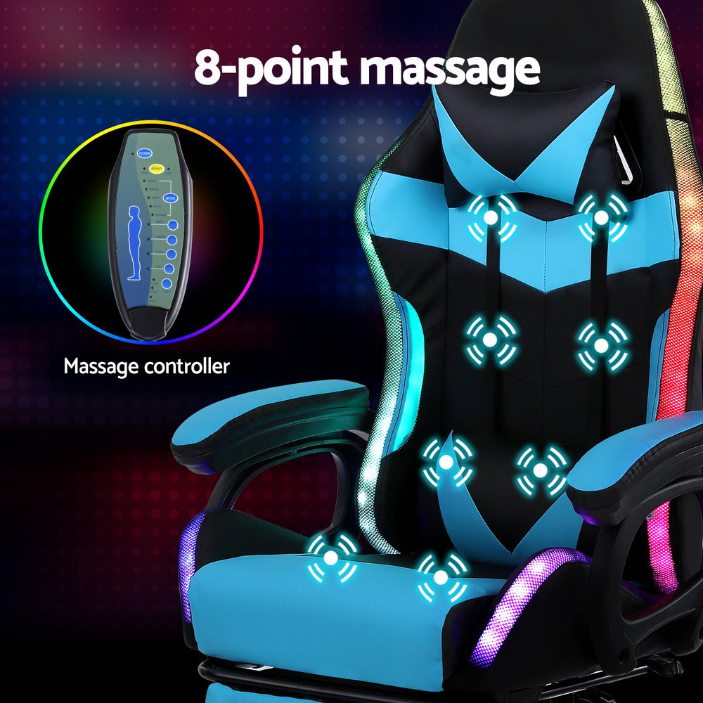 Artiss Gaming Office Chair 12 RGB LED Massage Computer Work Seat Footrest Cyan Awezingly