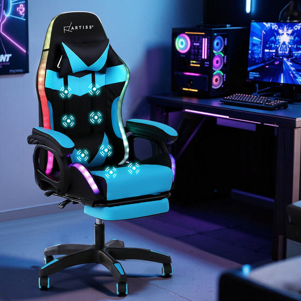 Artiss Gaming Office Chair 12 RGB LED Massage Computer Work Seat Footrest Cyan Awezingly
