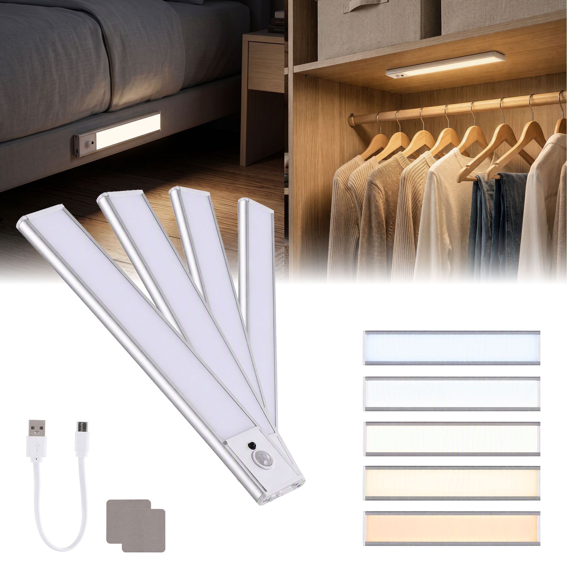 Artiss 4-Pack 25cm Motion Sensor Under Cabinet Lights, LED Closet Light with 5 Colors Dimmable Awezingly