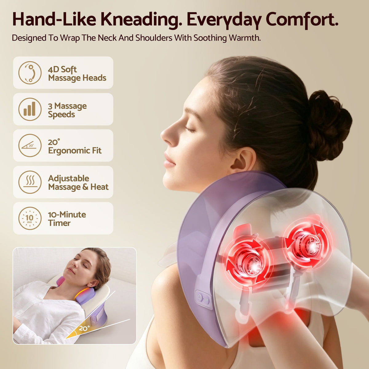 Livemor Neck & Shoulder Massage Pillow with Heat, Cordless 4D Kneading Massager for Home & Office Awezingly