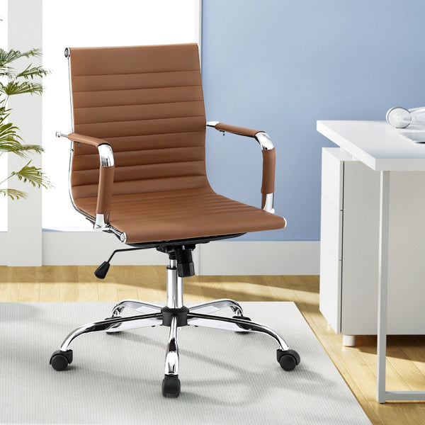 Artiss Office Chair Conference Chairs PU Leather Mid Back Brown Artiss