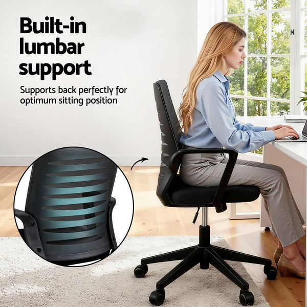 Artiss Ergonomic Office Chair Mesh Computer Desk Chairs with Lumbar Support, Height Adjustment Swivel Chair Mid Back for Home Office Study, Black Artiss