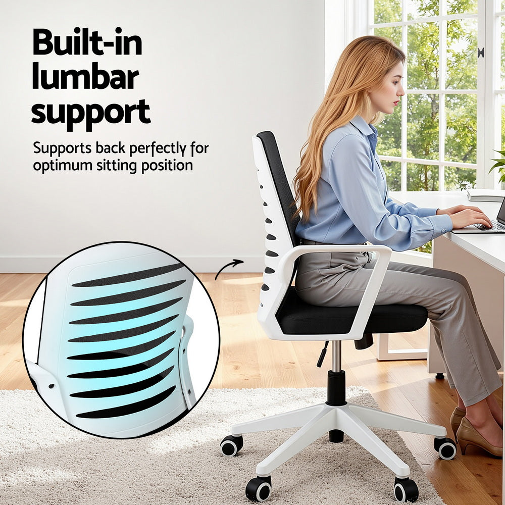 Artiss Ergonomic Office Chair Mesh Computer Desk Chairs with Lumbar Support, Height Adjustment Swivel Chair Mid Back for Home Office Study, Black and White Artiss