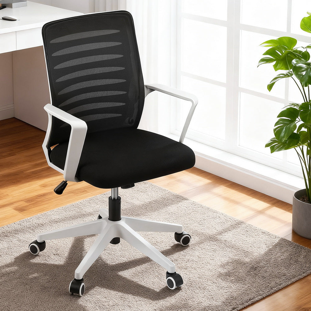 Artiss Ergonomic Office Chair Mesh Computer Desk Chairs with Lumbar Support, Height Adjustment Swivel Chair Mid Back for Home Office Study, Black and White Artiss