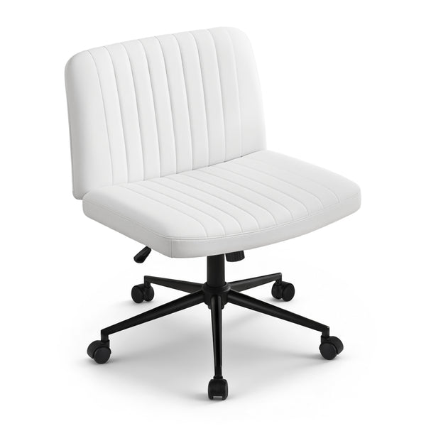 Artiss Criss Cross Chair with Wheels Wide Cross Legged Office Desk Vanity Chair PU Leather, Armless Height Adjustable Swivel Home Office Chair for Home Computer Task, White Awezingly