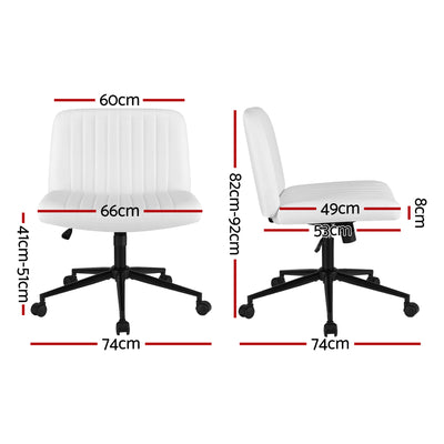 Artiss Criss Cross Chair with Wheels Wide Cross Legged Office Desk Vanity Chair PU Leather, Armless Height Adjustable Swivel Home Office Chair for Home Computer Task, White