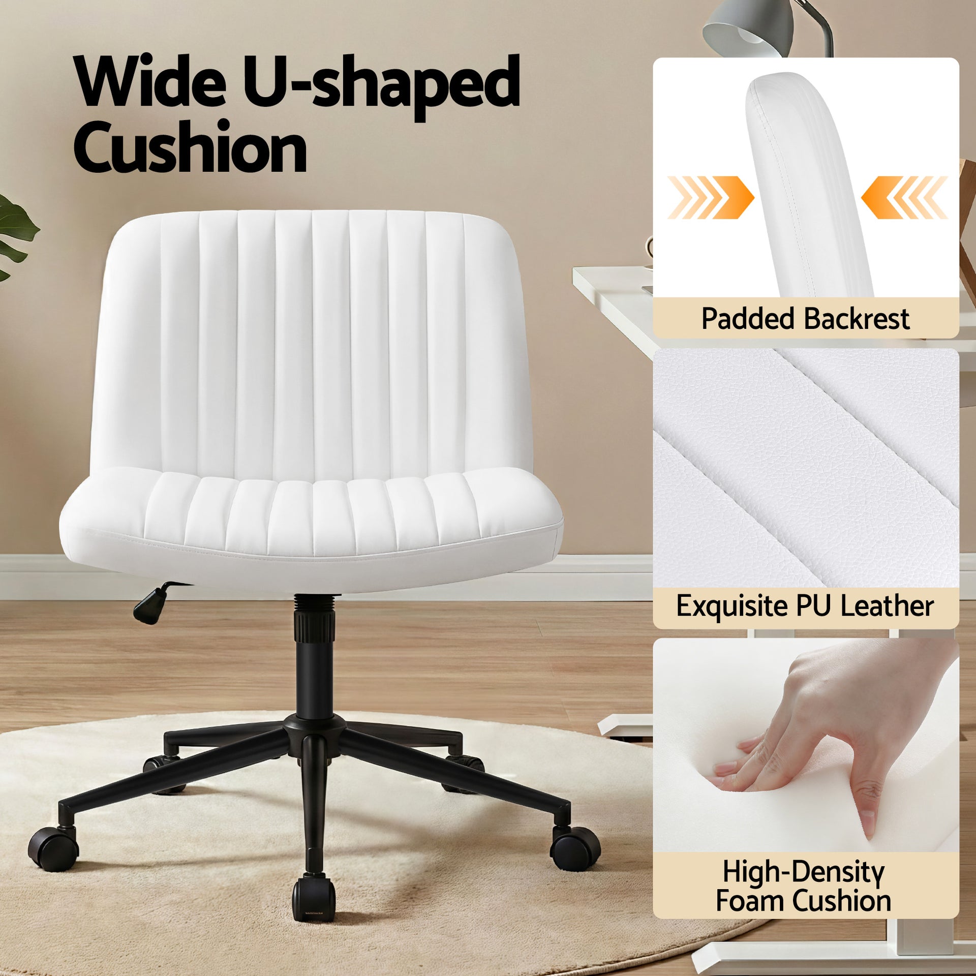 Artiss Criss Cross Chair with Wheels Wide Cross Legged Office Desk Vanity Chair PU Leather, Armless Height Adjustable Swivel Home Office Chair for Home Computer Task, White Awezingly