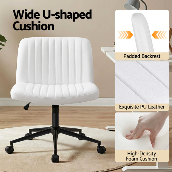 Artiss Criss Cross Chair with Wheels Wide Cross Legged Office Desk Vanity Chair PU Leather, Armless Height Adjustable Swivel Home Office Chair for Home Computer Task, White Awezingly