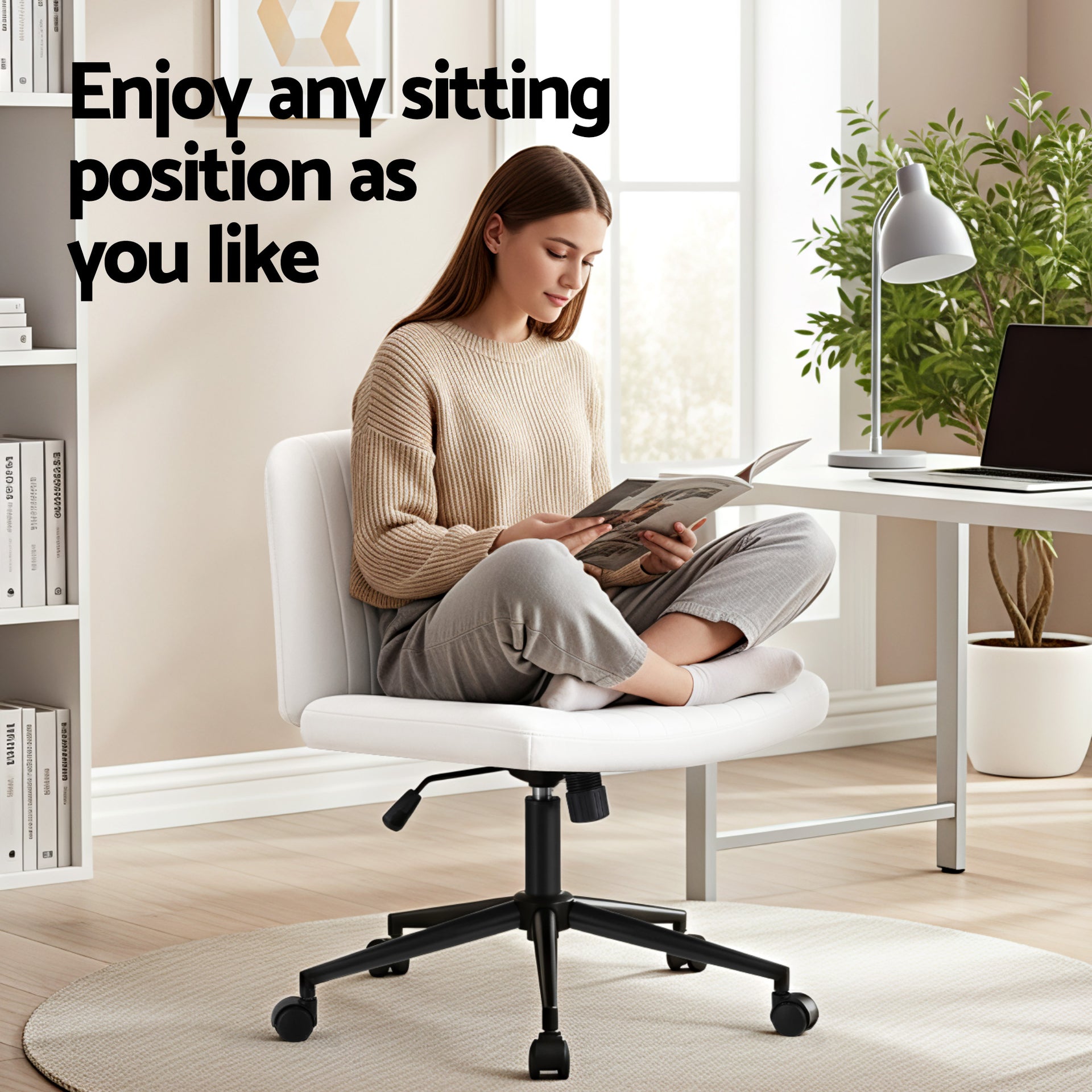 Artiss Criss Cross Chair with Wheels Wide Cross Legged Office Desk Vanity Chair PU Leather, Armless Height Adjustable Swivel Home Office Chair for Home Computer Task, White Awezingly