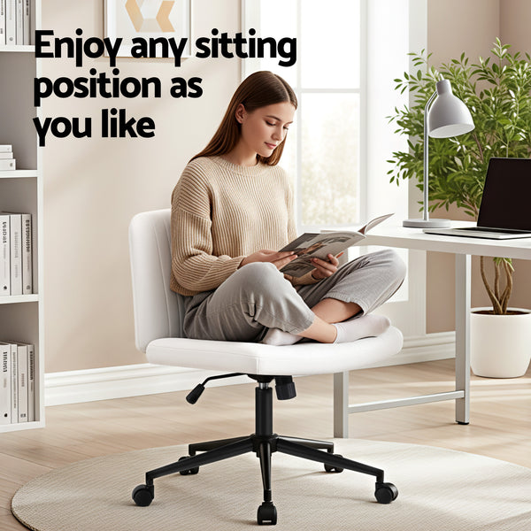 Artiss Criss Cross Chair with Wheels Wide Cross Legged Office Desk Vanity Chair PU Leather, Armless Height Adjustable Swivel Home Office Chair for Home Computer Task, White Awezingly
