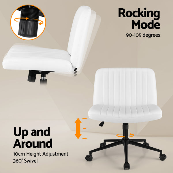 Artiss Criss Cross Chair with Wheels Wide Cross Legged Office Desk Vanity Chair PU Leather, Armless Height Adjustable Swivel Home Office Chair for Home Computer Task, White Awezingly