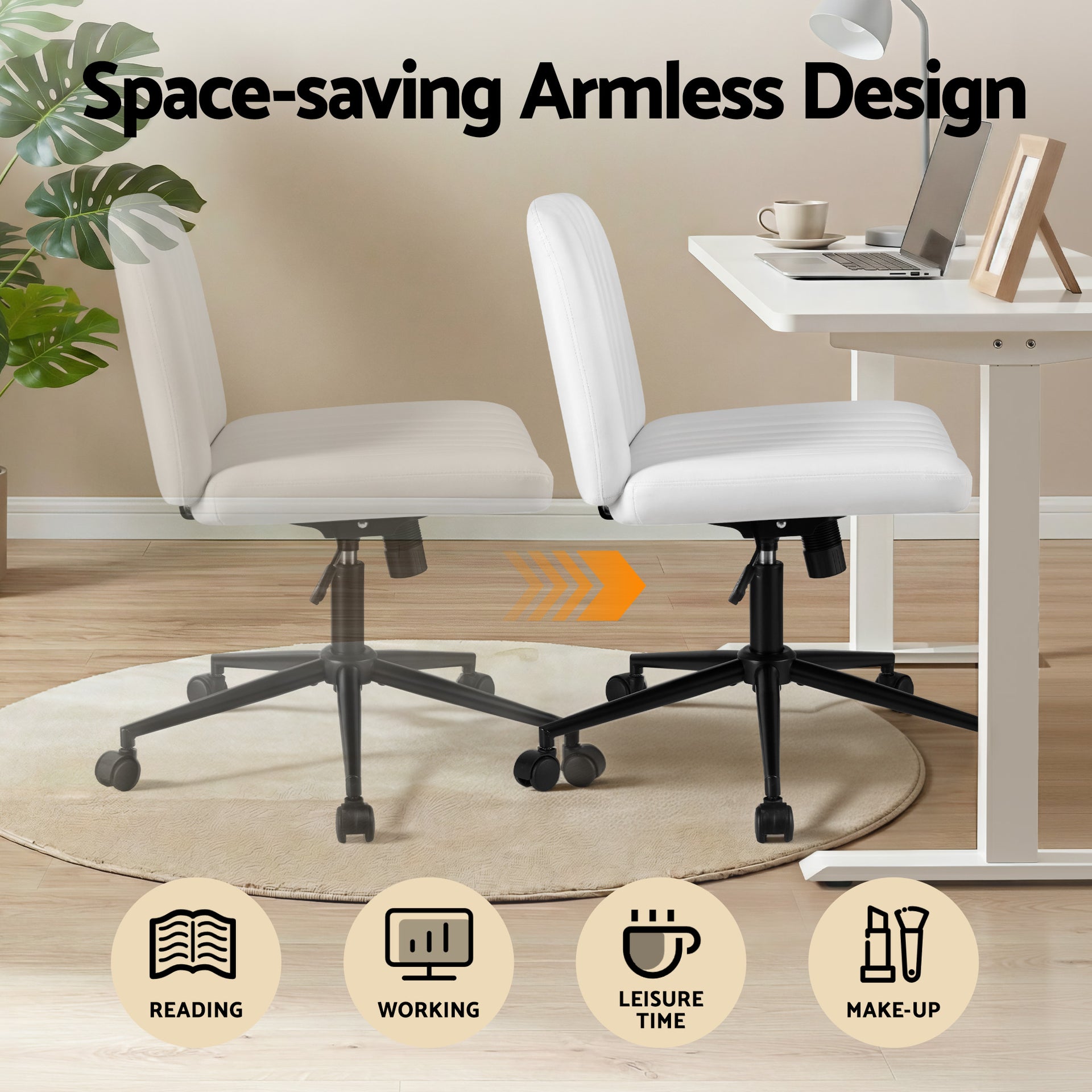 Artiss Criss Cross Chair with Wheels Wide Cross Legged Office Desk Vanity Chair PU Leather, Armless Height Adjustable Swivel Home Office Chair for Home Computer Task, White Awezingly