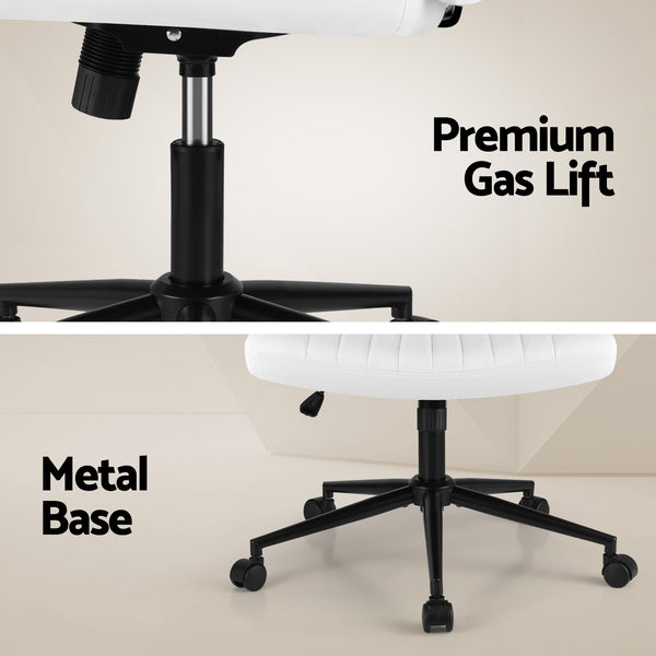 Artiss Criss Cross Chair with Wheels Wide Cross Legged Office Desk Vanity Chair PU Leather, Armless Height Adjustable Swivel Home Office Chair for Home Computer Task, White Awezingly