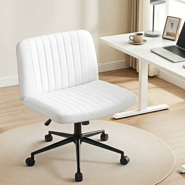 Artiss Criss Cross Chair with Wheels Wide Cross Legged Office Desk Vanity Chair PU Leather, Armless Height Adjustable Swivel Home Office Chair for Home Computer Task, White Awezingly