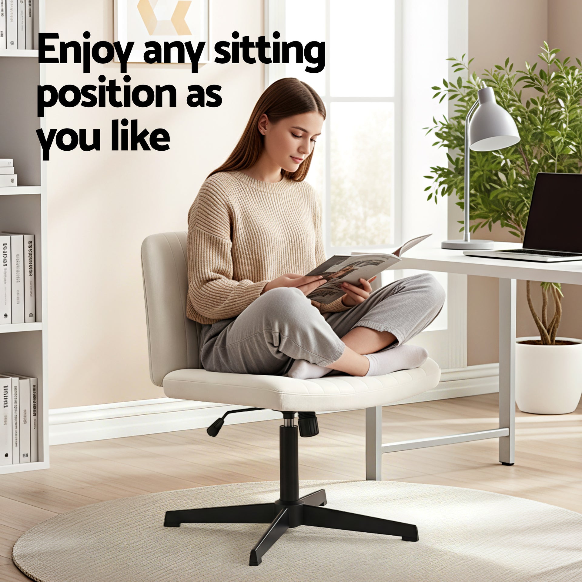 Artiss Criss Cross Chair No Wheels Fabric Wide Cross Legged Office Desk Vanity Chair Armless, Height Adjustable, Swivel Home Office Chair for Home Computer Task, Beige Awezingly