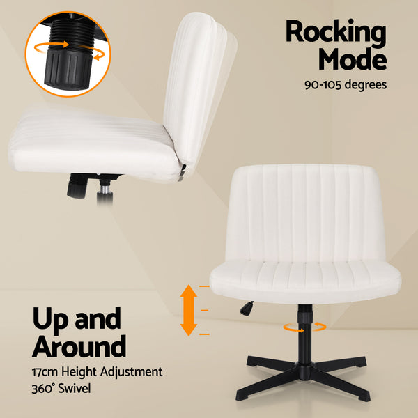 Artiss Criss Cross Chair No Wheels Fabric Wide Cross Legged Office Desk Vanity Chair Armless, Height Adjustable, Swivel Home Office Chair for Home Computer Task, Beige Awezingly