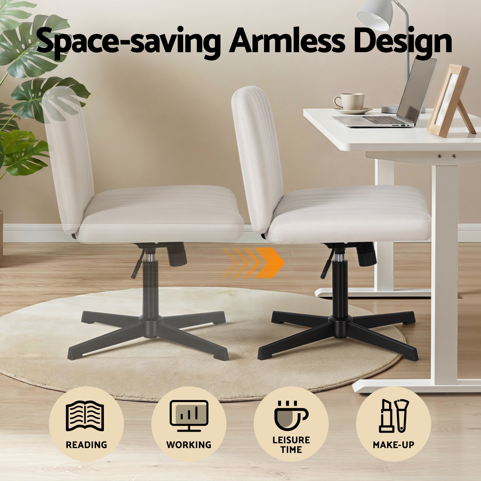 Artiss Criss Cross Chair No Wheels Fabric Wide Cross Legged Office Desk Vanity Chair Armless, Height Adjustable, Swivel Home Office Chair for Home Computer Task, Beige Awezingly