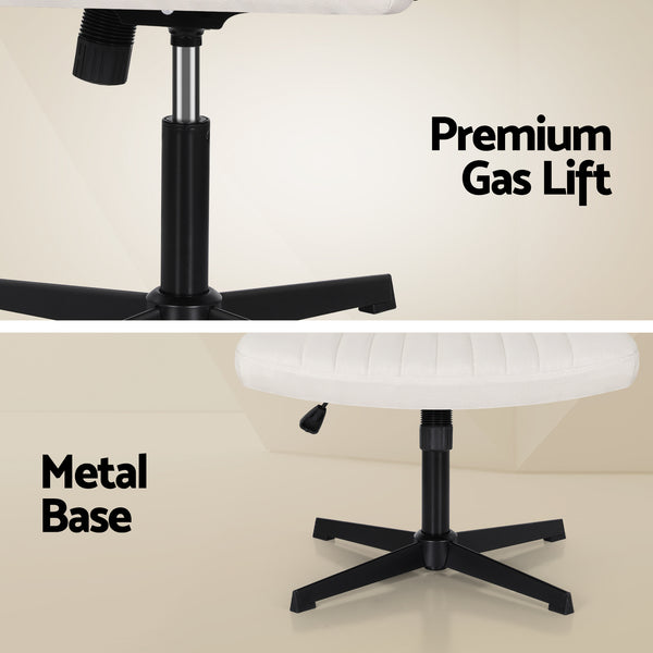 Artiss Criss Cross Chair No Wheels Fabric Wide Cross Legged Office Desk Vanity Chair Armless, Height Adjustable, Swivel Home Office Chair for Home Computer Task, Beige Awezingly