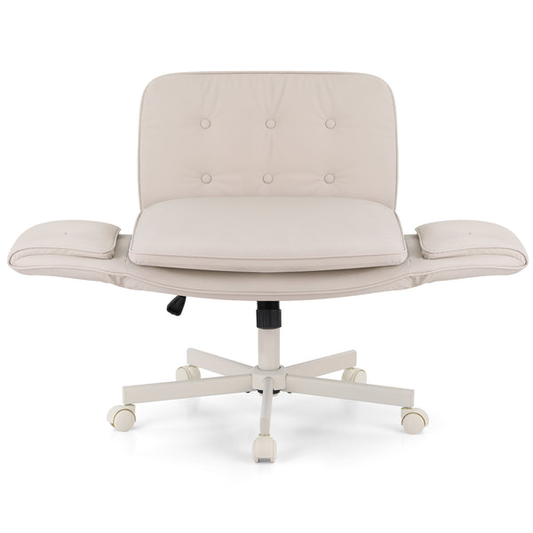 Artiss Criss Cross Chair with Wheels & Adjustable Armrests, Ergonomic Cross Legged Office Desk Chair PU Leather Vanity Chair Swivel for Home, Make Up, Bedroom, Computer, Beige Awezingly