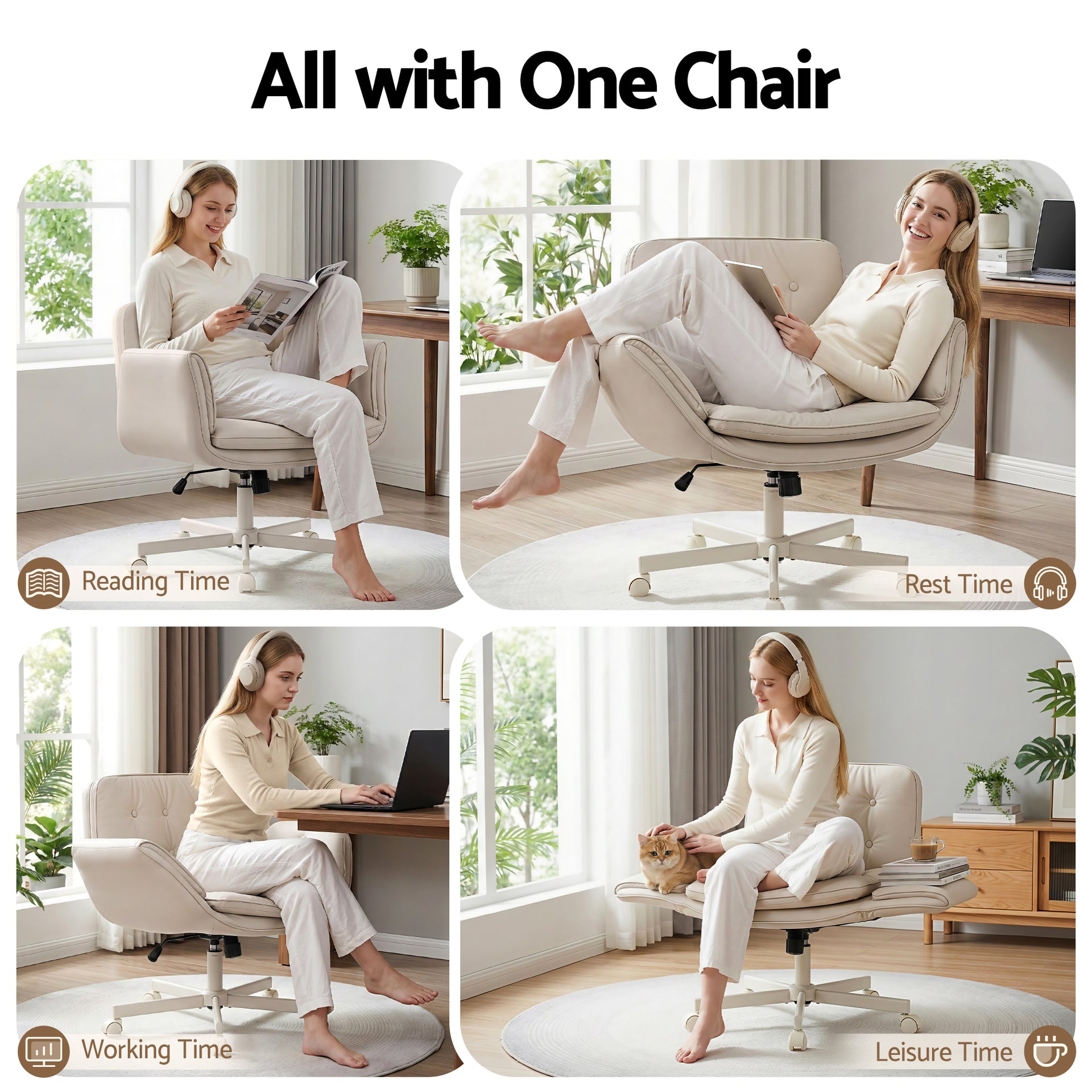 Artiss Criss Cross Chair with Wheels & Adjustable Armrests, Ergonomic Cross Legged Office Desk Chair PU Leather Vanity Chair Swivel for Home, Make Up, Bedroom, Computer, Beige Awezingly