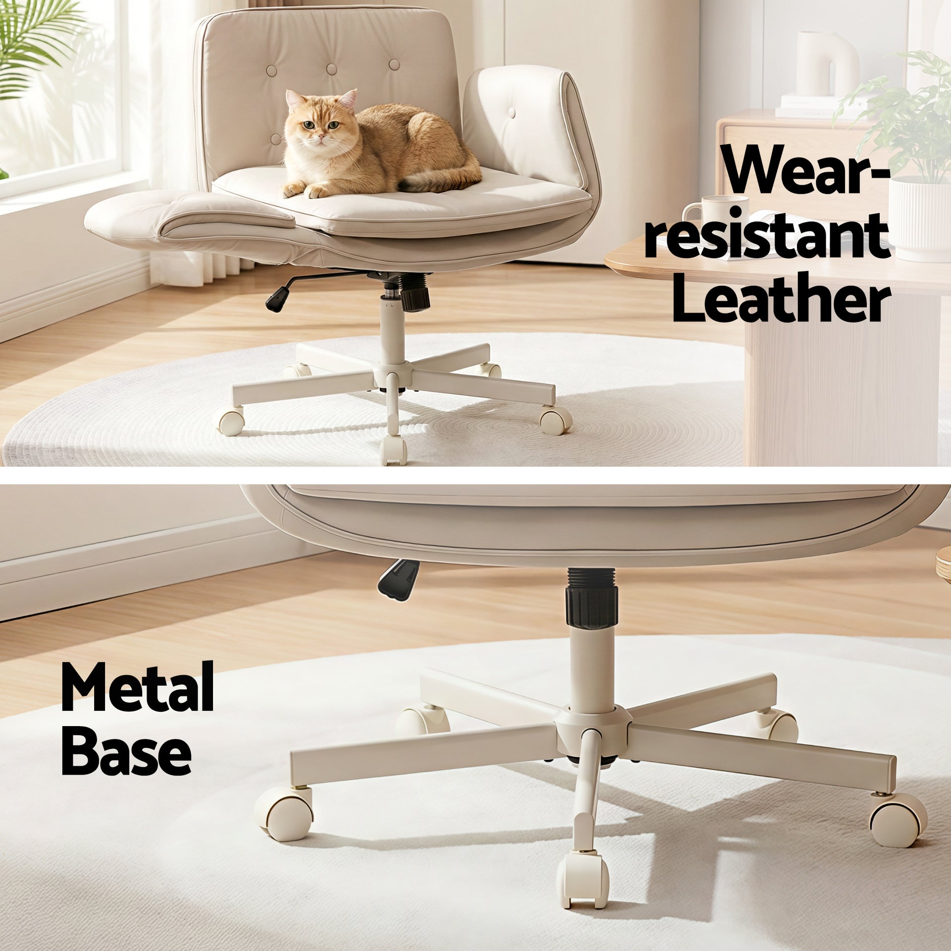 Artiss Criss Cross Chair with Wheels & Adjustable Armrests, Ergonomic Cross Legged Office Desk Chair PU Leather Vanity Chair Swivel for Home, Make Up, Bedroom, Computer, Beige Awezingly