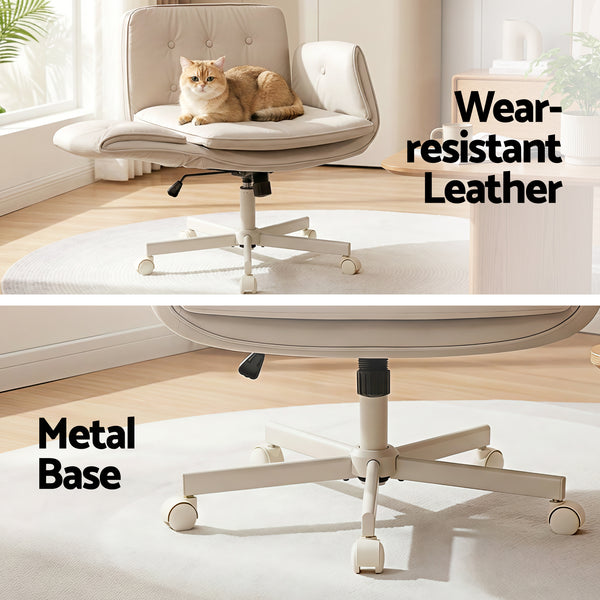 Artiss Criss Cross Chair with Wheels & Adjustable Armrests, Ergonomic Cross Legged Office Desk Chair PU Leather Vanity Chair Swivel for Home, Make Up, Bedroom, Computer, Beige Awezingly