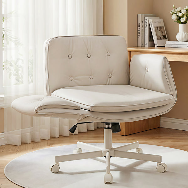 Artiss Criss Cross Chair with Wheels & Adjustable Armrests, Ergonomic Cross Legged Office Desk Chair PU Leather Vanity Chair Swivel for Home, Make Up, Bedroom, Computer, Beige Awezingly