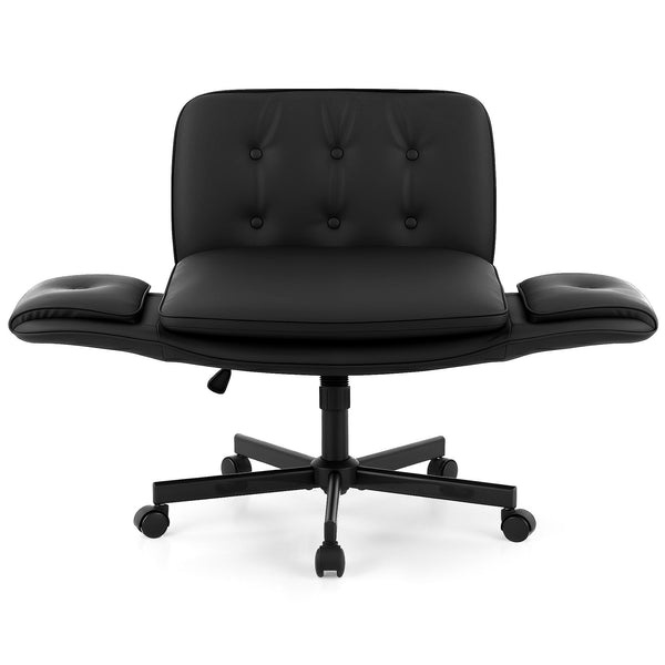 Artiss Criss Cross Chair with Wheels & Adjustable Armrests, Ergonomic Cross Legged Office Desk Chair PU Leather Vanity Chair Swivel for Home, Make Up, Bedroom, Computer, Black Awezingly