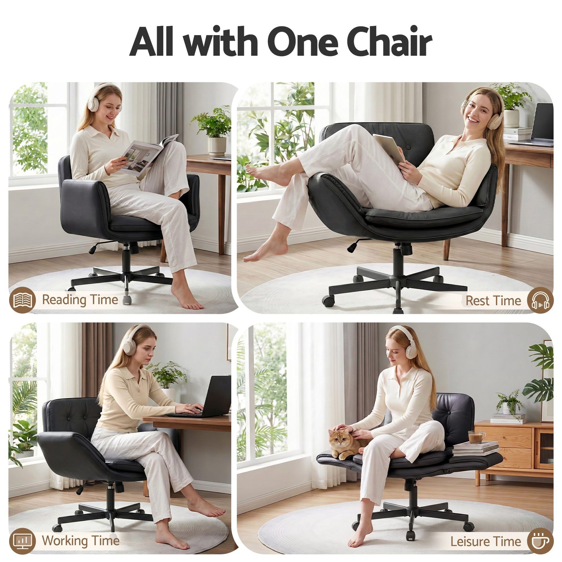 Artiss Criss Cross Chair with Wheels & Adjustable Armrests, Ergonomic Cross Legged Office Desk Chair PU Leather Vanity Chair Swivel for Home, Make Up, Bedroom, Computer, Black Awezingly