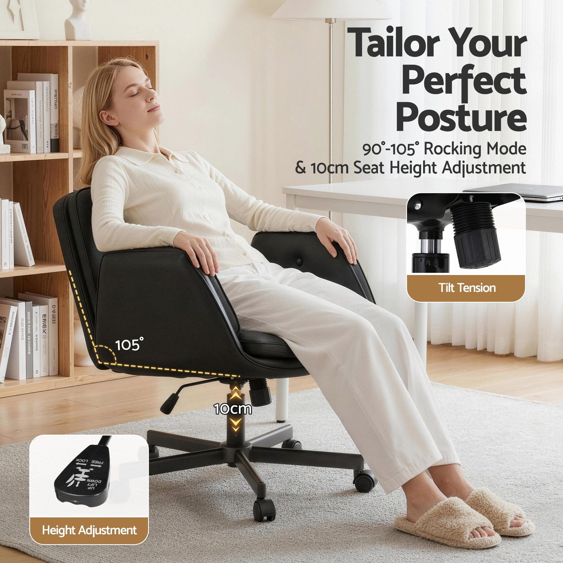 Artiss Criss Cross Chair with Wheels & Adjustable Armrests, Ergonomic Cross Legged Office Desk Chair PU Leather Vanity Chair Swivel for Home, Make Up, Bedroom, Computer, Black Awezingly