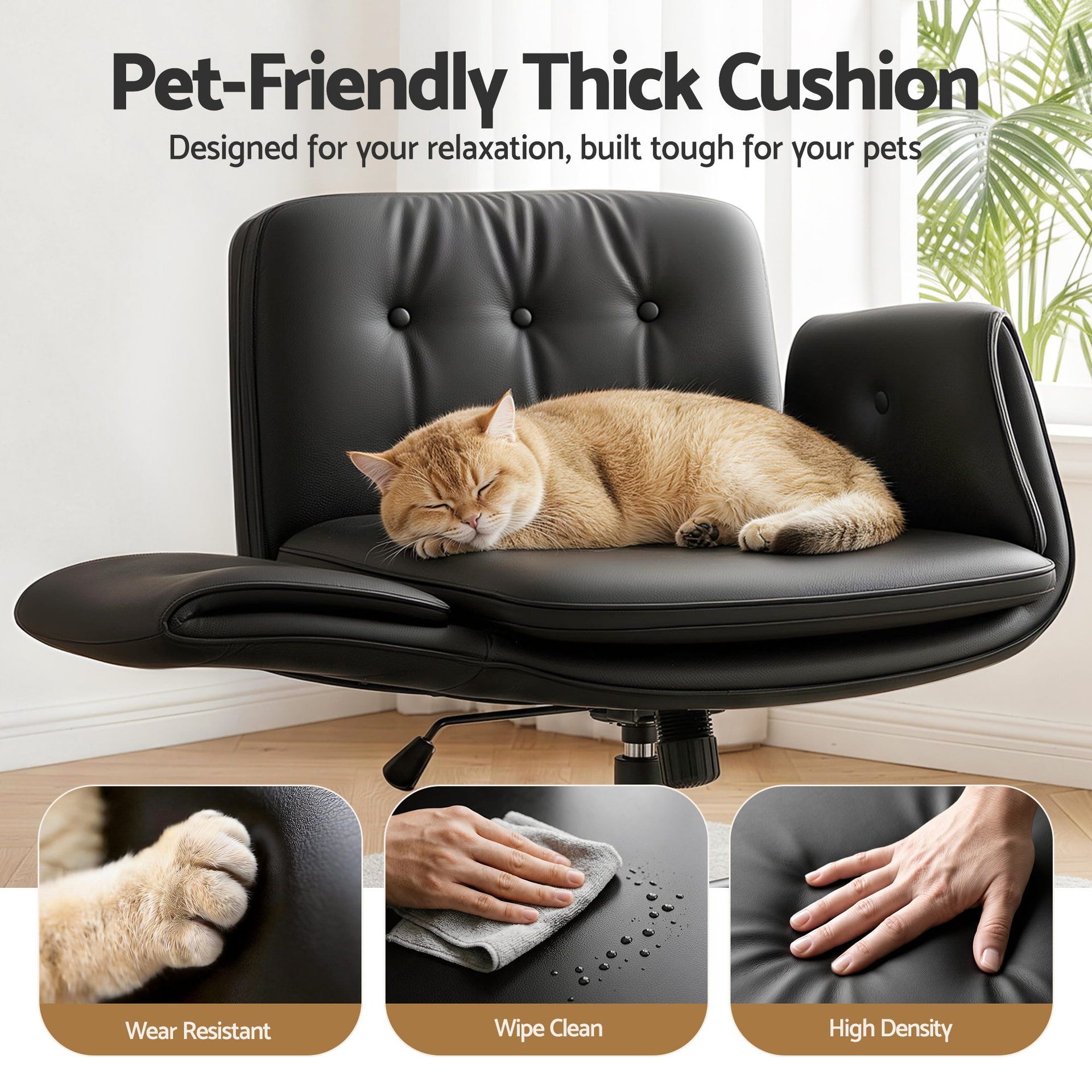 Artiss Criss Cross Chair with Wheels & Adjustable Armrests, Ergonomic Cross Legged Office Desk Chair PU Leather Vanity Chair Swivel for Home, Make Up, Bedroom, Computer, Black Awezingly